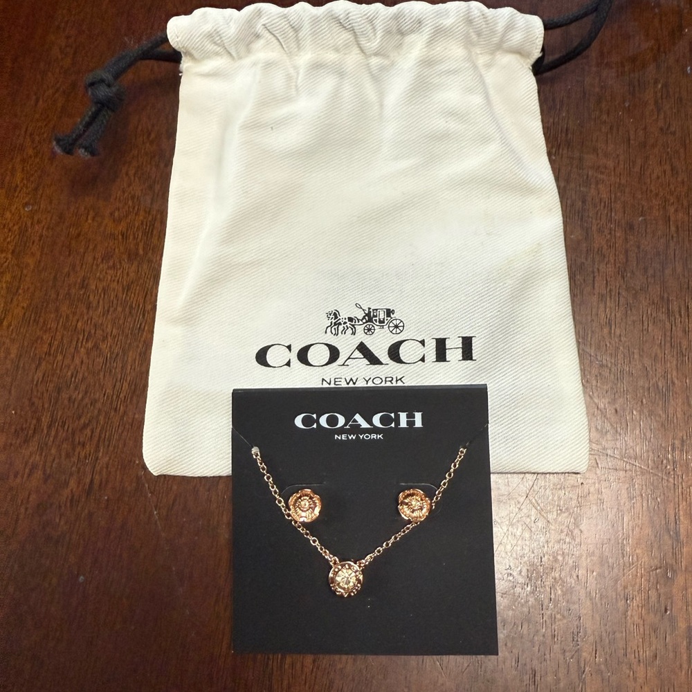 NWT coach rose gold necklace and earring set